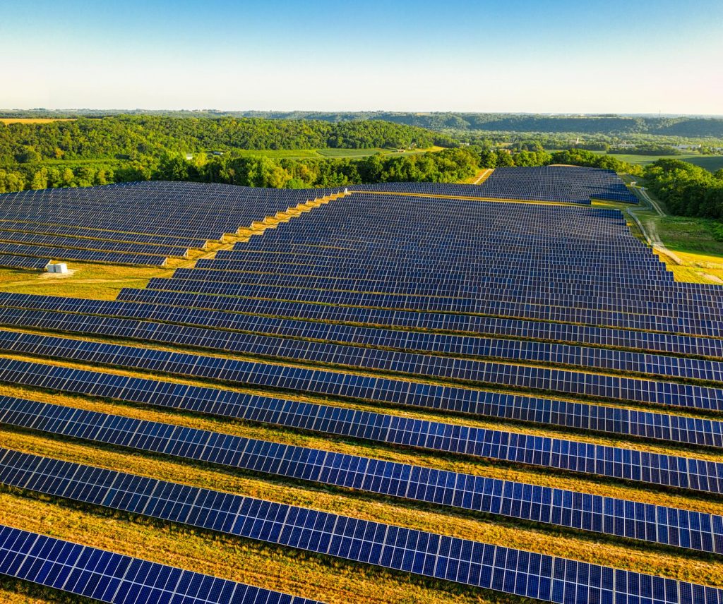 Solar panels installed in a green field, capturing sunlight.